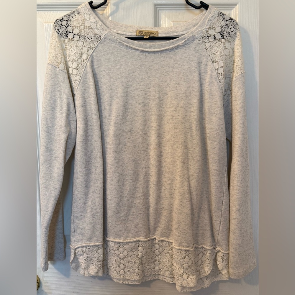 Democracy Light Gray Lace Accent Long Sleeve Top